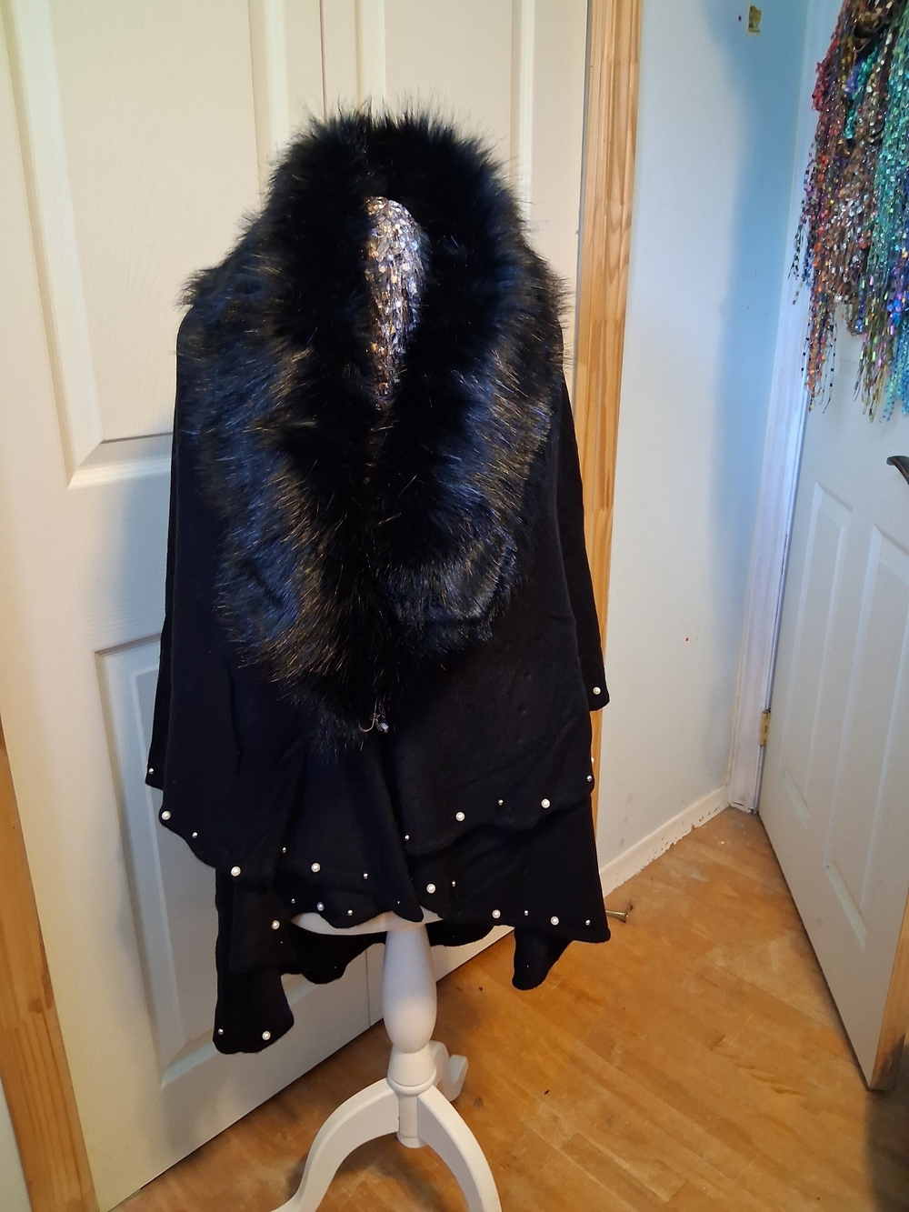 Black Faux Fur Trim Poncho Jacket